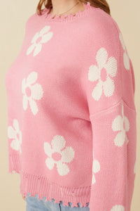 HY6090 Pink Mix Womens Distressed Floral Patterned Pullover Sweater Back