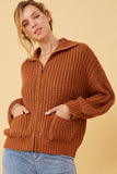 Zip Up Collared Puff Sleeve Knit Jacket