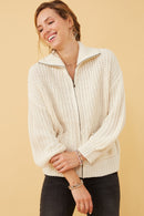 HY6093 Brown Womens Zip Up Collared Puff Sleeve Knit Jacket Gif