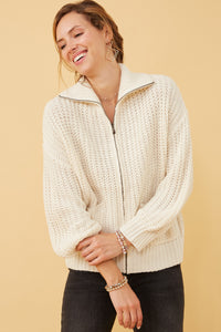 HY6093 Brown Womens Zip Up Collared Puff Sleeve Knit Jacket Gif