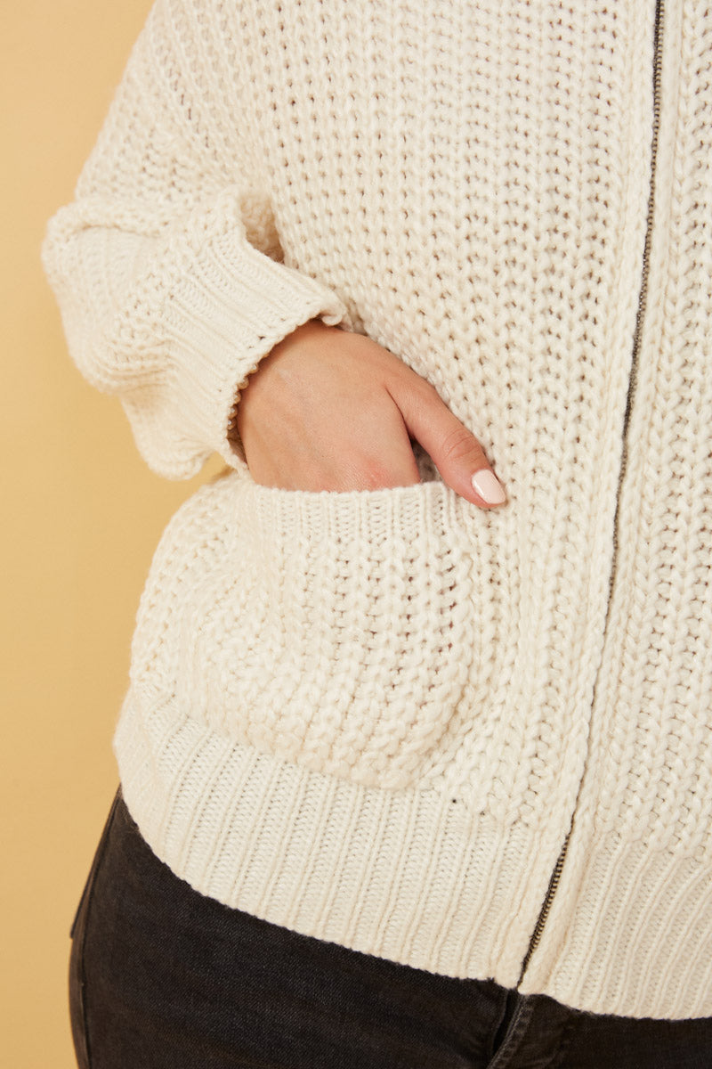 HY6093 Brown Womens Zip Up Collared Puff Sleeve Knit Jacket Detail