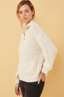 HY6093 Brown Womens Zip Up Collared Puff Sleeve Knit Jacket Side