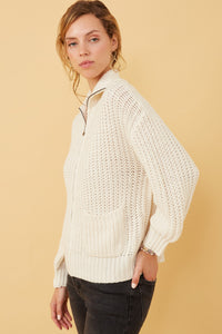 HY6093 Brown Womens Zip Up Collared Puff Sleeve Knit Jacket Side