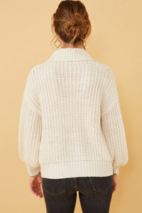 HY6093W Brown Plus Zip Up Collared Puff Sleeve Knit Jacket Front