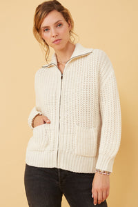 HY6093W Brown Plus Zip Up Collared Puff Sleeve Knit Jacket Full Body