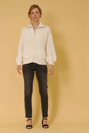 HY6093W Cream Plus Zip Up Collared Puff Sleeve Knit Jacket Full Body