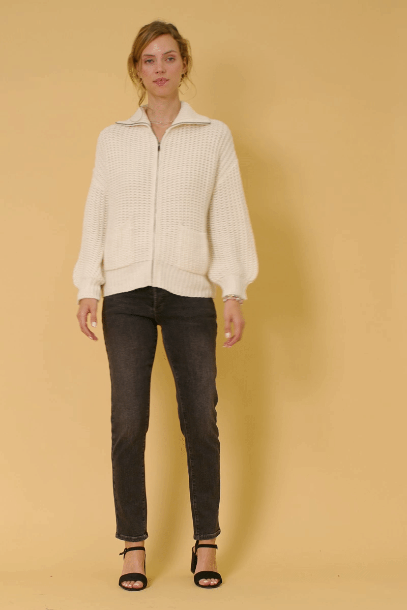 HY6093W Cream Plus Zip Up Collared Puff Sleeve Knit Jacket Full Body