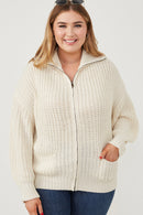 HY6093 Brown Womens Zip Up Collared Puff Sleeve Knit Jacket Editorial