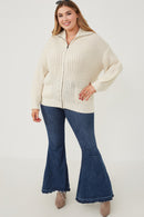 HY6093W Brown Plus Zip Up Collared Puff Sleeve Knit Jacket Side