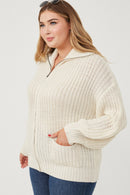 HY6093W Brown Plus Zip Up Collared Puff Sleeve Knit Jacket Back