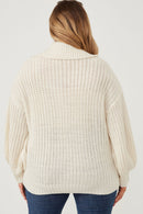 HY6093 Cream Womens Zip Up Collared Puff Sleeve Knit Jacket Front