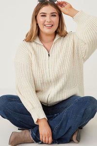 HY6093 Cream Womens Zip Up Collared Puff Sleeve Knit Jacket Gif