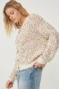 HY6099 Ivory Womens Confetti Popcorn Knit Buttoned Sweater Cardigan Back