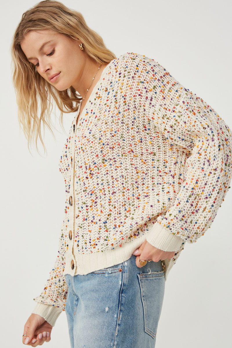 HY6099 Ivory Womens Confetti Popcorn Knit Buttoned Sweater Cardigan Back