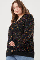 HY6099 Black Mix Womens Confetti Popcorn Knit Buttoned Sweater Cardigan Detail