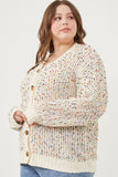 HY6099 Ivory Womens Confetti Popcorn Knit Buttoned Sweater Cardigan Front