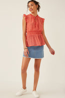HY6105W Red Plus Ditsy Floral Smocked Tie Neck Tank Detail