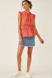 HY6105W Red Plus Ditsy Floral Smocked Tie Neck Tank Detail