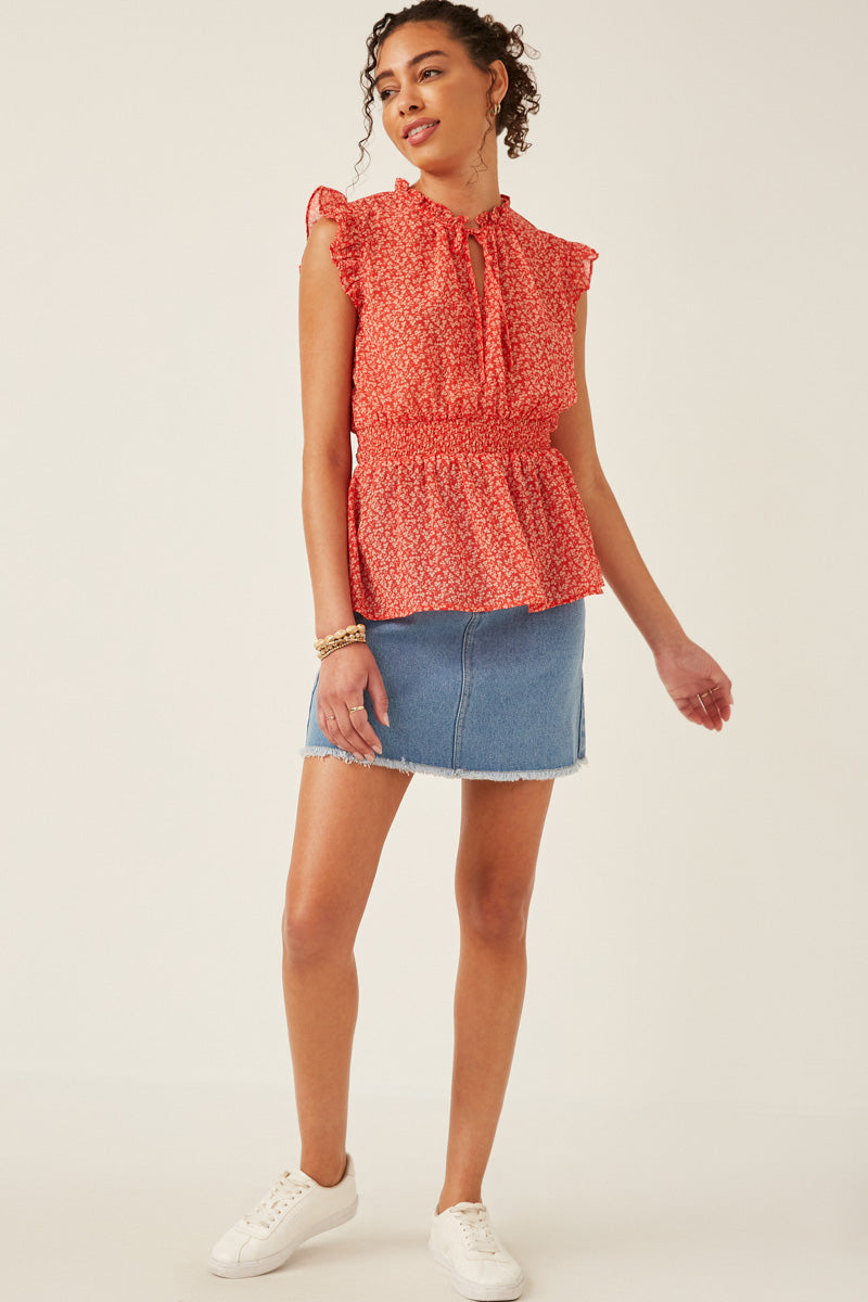 HY6105W Red Plus Ditsy Floral Smocked Tie Neck Tank Detail