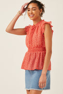 HY6105W Red Plus Ditsy Floral Smocked Tie Neck Tank Side