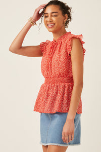 HY6105W Red Plus Ditsy Floral Smocked Tie Neck Tank Side