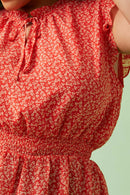 HY6105W Red Plus Ditsy Floral Smocked Tie Neck Tank Pose