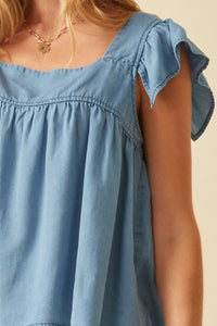 HY6110 Light Denim Womens Tencel Square Neck Ruffle Cap sleeve Top Gif
