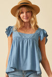 HY6110 Light Denim Womens Tencel Square Neck Ruffle Cap sleeve Top Back