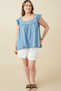 HY6110W Light Denim Womens Tencel Square Neck Ruffle Cap sleeve Top Full Body