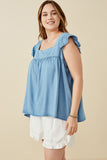 HY6110W LIGHT DENIM Plus Tencel Square Neck Ruffle Cap sleeve Top Side