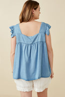 HY6110W LIGHT DENIM Plus Tencel Square Neck Ruffle Cap sleeve Top Back