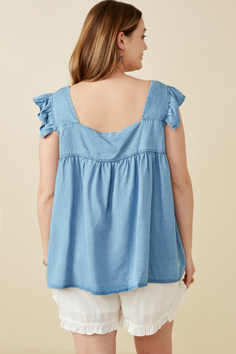 HY6110W LIGHT DENIM Plus Tencel Square Neck Ruffle Cap sleeve Top Back