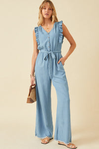 HY6111 Light Denim Womens Tencel Buttoned Ruffle Tank Wideleg Jumpsuit Editorial