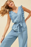 HY6111W Light Denim Plus Tencel Buttoned Ruffle Tank Wideleg Jumpsuit Full Body