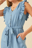 HY6111W Light Denim Plus Tencel Buttoned Ruffle Tank Wideleg Jumpsuit Gif