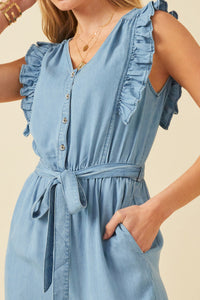 HY6111W Light Denim Plus Tencel Buttoned Ruffle Tank Wideleg Jumpsuit Gif