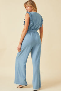 HY6111W Light Denim Plus Tencel Buttoned Ruffle Tank Wideleg Jumpsuit Front