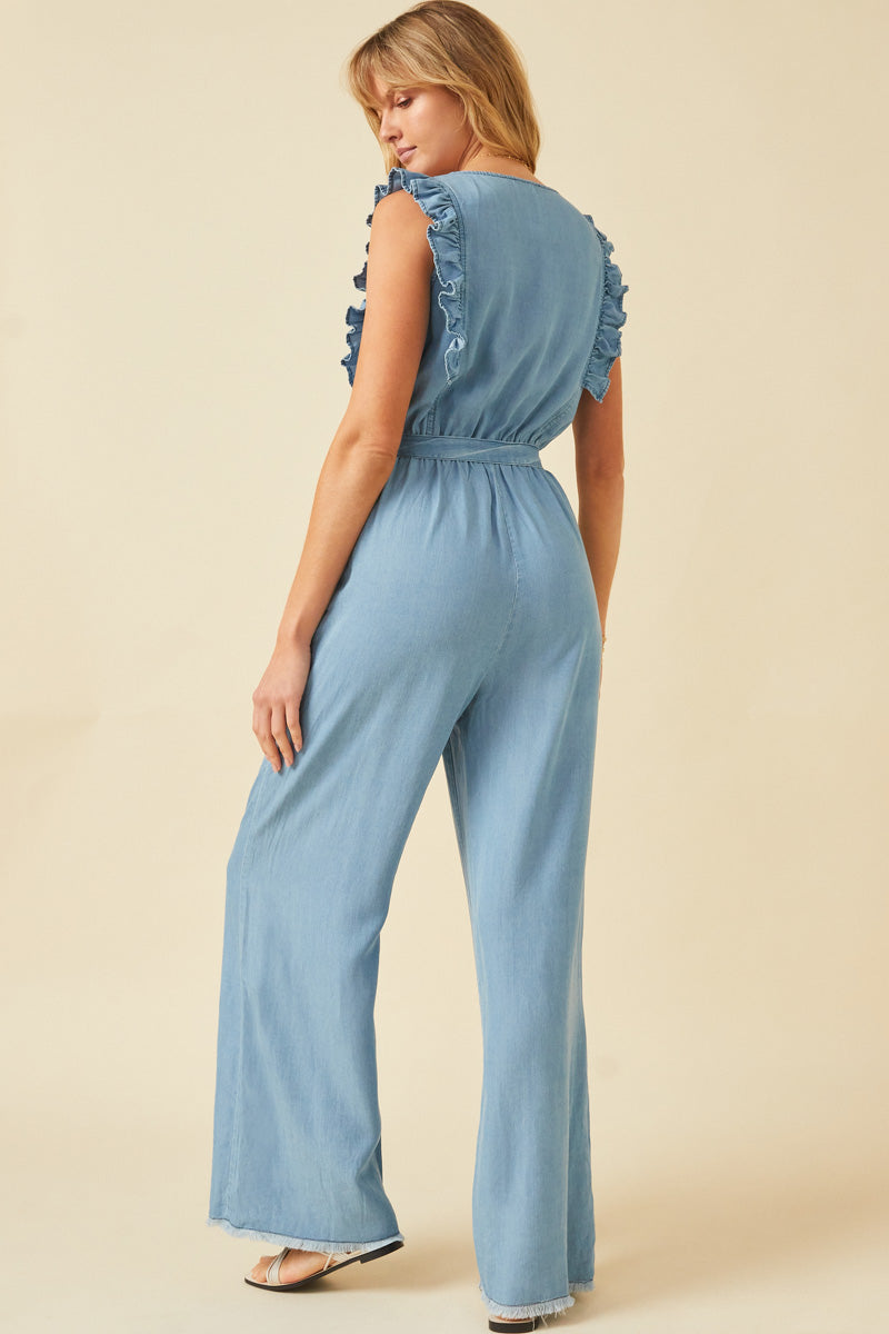 HY6111W Light Denim Plus Tencel Buttoned Ruffle Tank Wideleg Jumpsuit Front