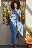 HY6111 Light Denim Womens Tencel Buttoned Ruffle Tank Wideleg Jumpsuit Detail