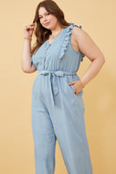HY6111W Light Denim Plus Tencel Buttoned Ruffle Tank Wideleg Jumpsuit Full Body