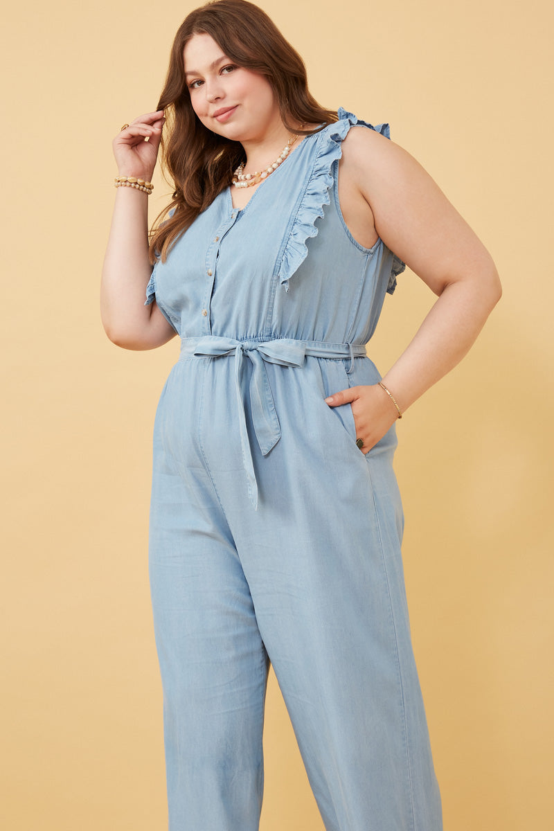 Tencel Buttoned Ruffle Tank Wideleg Jumpsuit