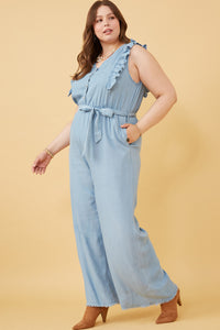 HY6111 Light Denim Womens Tencel Buttoned Ruffle Tank Wideleg Jumpsuit Gif