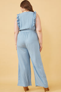 HY6111 Light Denim Womens Tencel Buttoned Ruffle Tank Wideleg Jumpsuit Pose