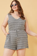 HY6112W Black Plus Engineered Stripe Drawstring Sleeveless Romper Pose
