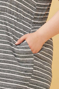 HY6112 Black Womens Engineered Stripe Drawstring Sleeveless Romper Full Body