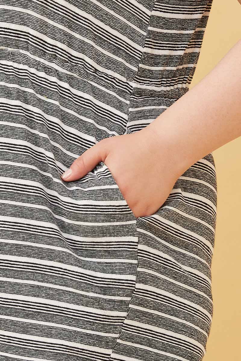 HY6112 Black Womens Engineered Stripe Drawstring Sleeveless Romper Full Body