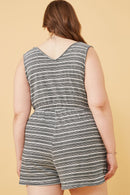 HY6112 Black Womens Engineered Stripe Drawstring Sleeveless Romper Side
