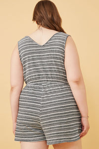 HY6112 Black Womens Engineered Stripe Drawstring Sleeveless Romper Side