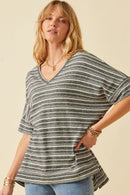 HY6116 Black Womens Engineered Stripe Oversize V-Neck High Low Knit Top Front