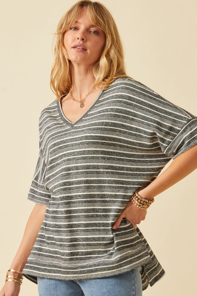 Engineered Stripe Oversize V-Neck High Low Knit Top